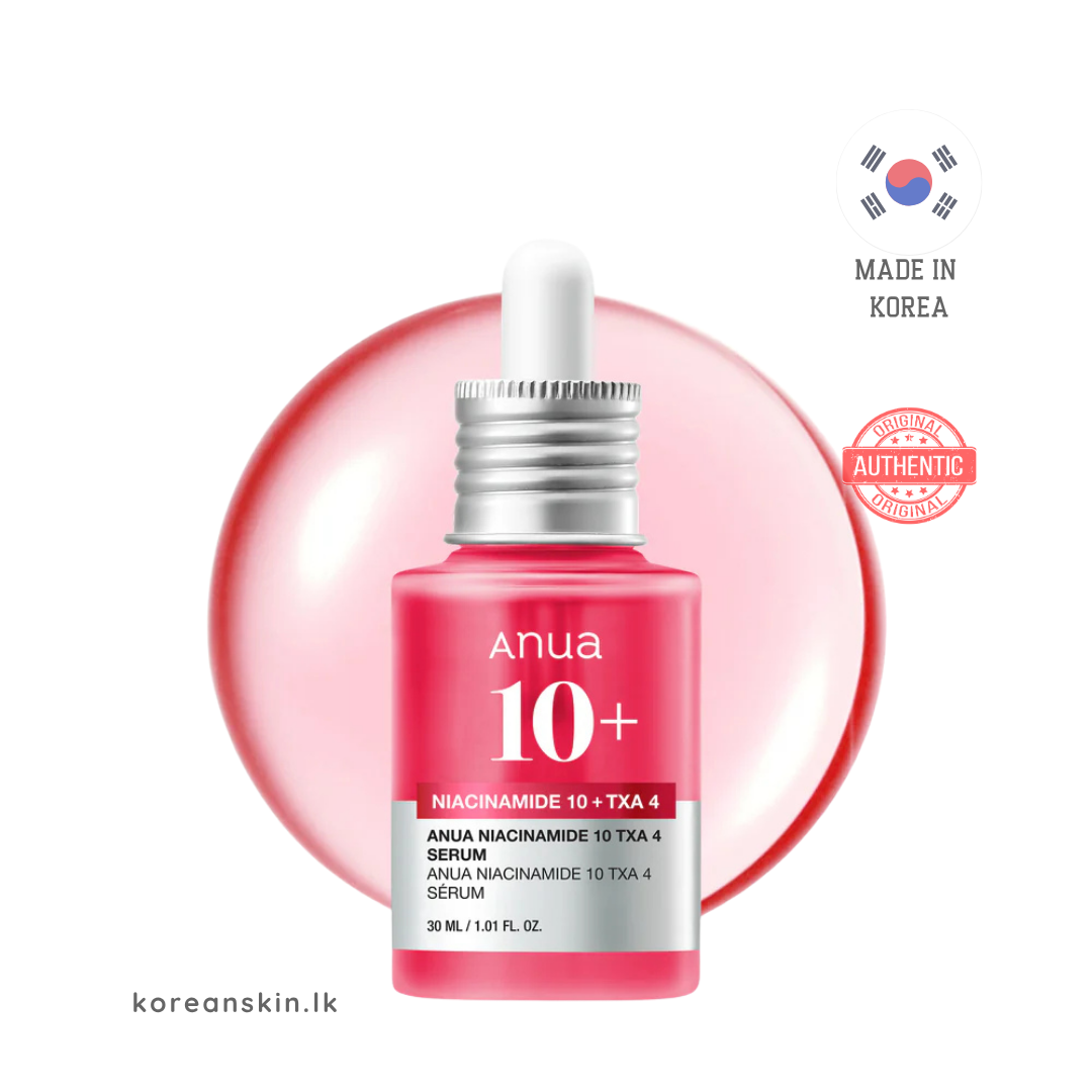 Anua 10+ skincare serum bottle with a pink background and 'Made in Korea' stamp.