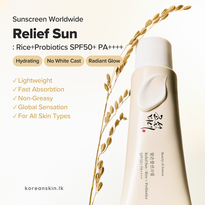 Beauty of Joseon Relief Sun Sunscreen bottle with rice and probiotics ingredients on a light background