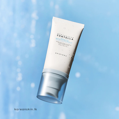 Hyalu-Cica Water-Fit Sun Serum SPF50 Skincare tube with blue gradient background